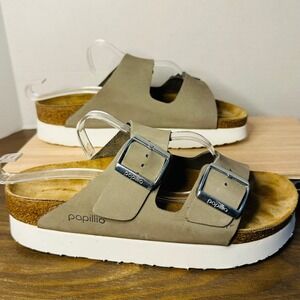 Papillio Birkenstock Arizona Flex Platform Sandals Grey Leather Womens 38 7.5-8